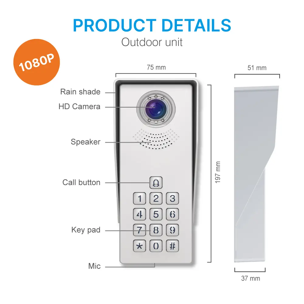 7英寸 WiFi AHD 视频门铃 # RL-B17AD-TY- 夜间摄像机光补偿。- 远程开锁。- 用户密码解锁。- 监视门外。- 使用图雅智能 App _ 09