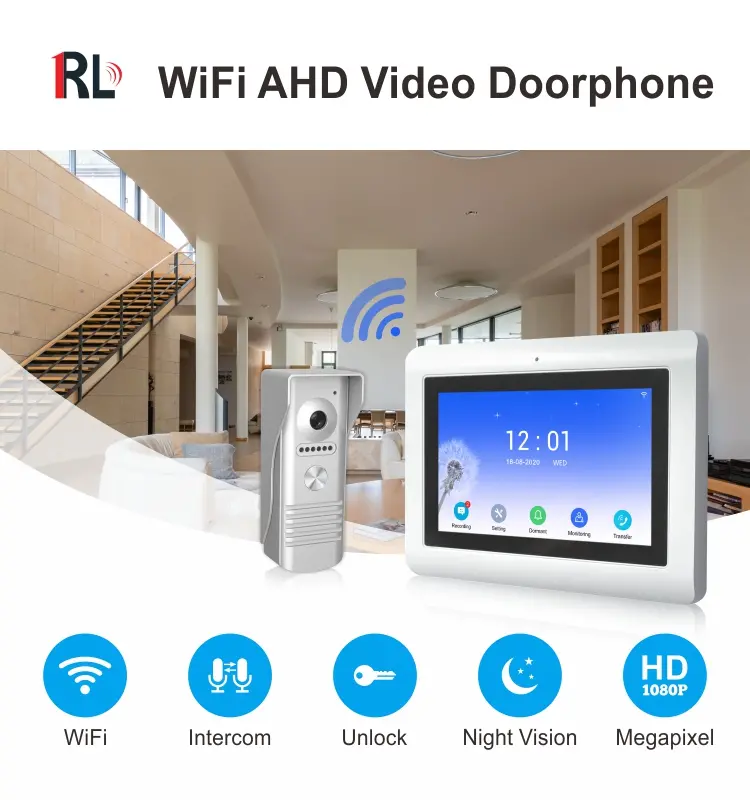 视频门铃、RL-T07F-WIFI、4根电线、最多4台室内监视器、2台室外单元和2台闭路电视、图雅智能、2.4GHz WiFi、7英寸触摸屏、1024*600、1080P摄像头、免提、锁定释放