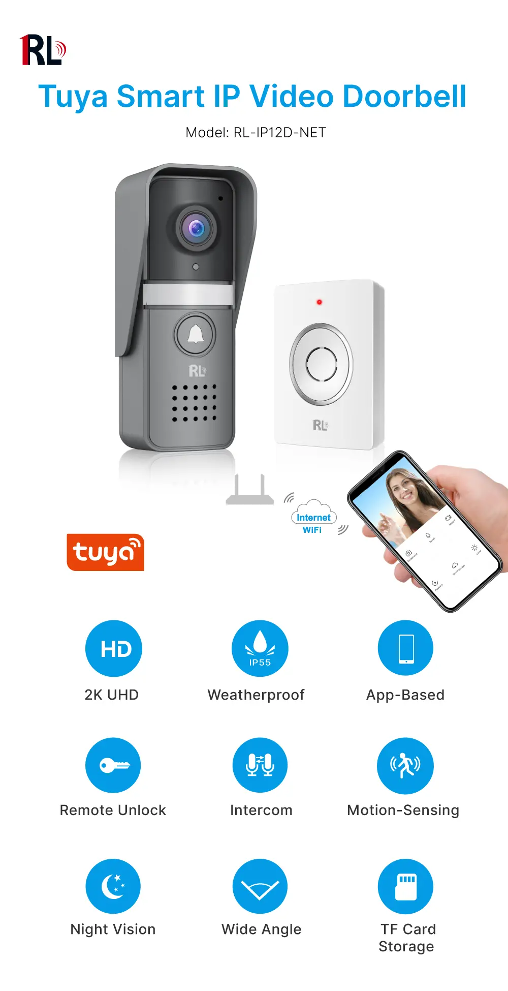 智能视频门铃，RL-IP12D-NET，图雅智能，2.4GHz WiFi，2K UHD 摄像头，夜视，128GB TF 卡，IP55，室内接收器 _ 01