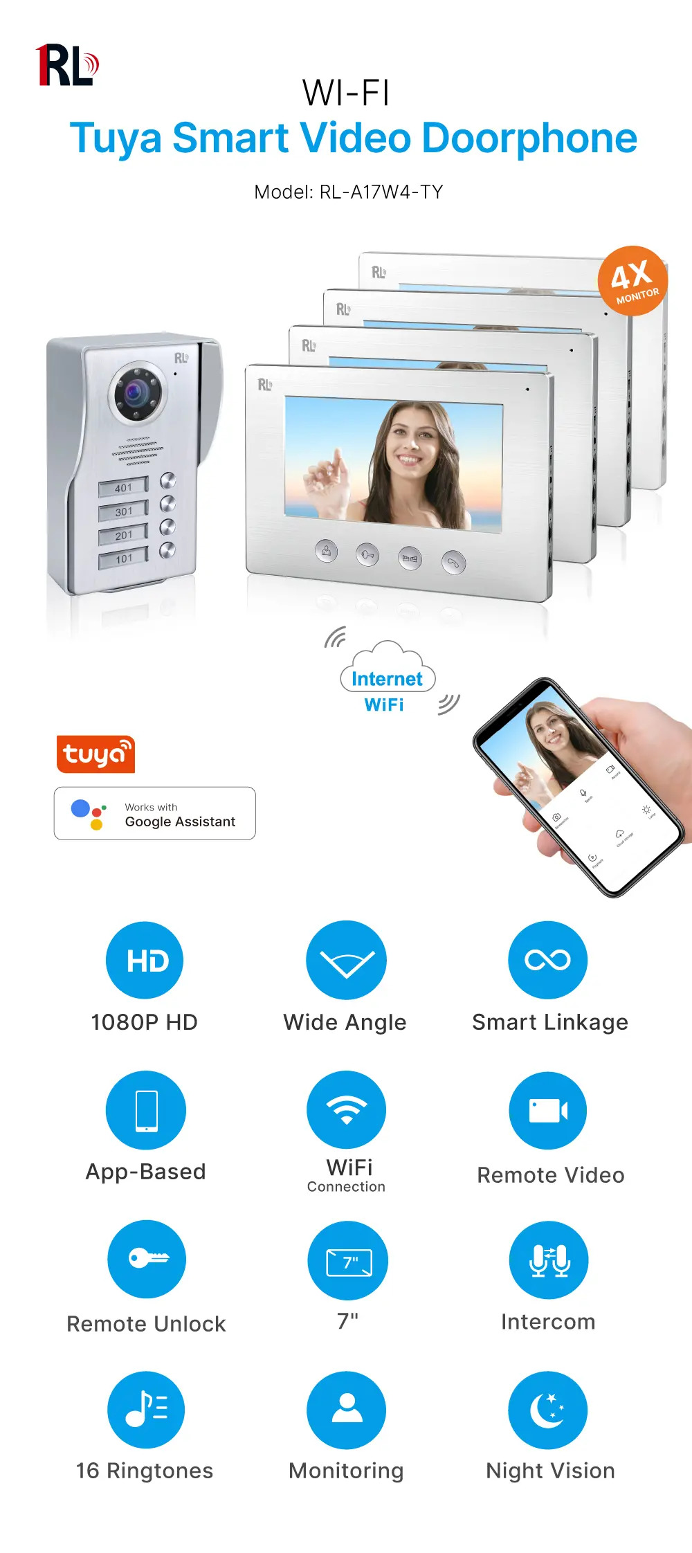 视频门铃，-RL-A17W4-TY，-4-家庭，-4-电线，-图雅-WiFi，-7"-AHD-屏幕，-1024-600，-1080-高清摄像机，-免提，-锁定 - 释放-_ 01