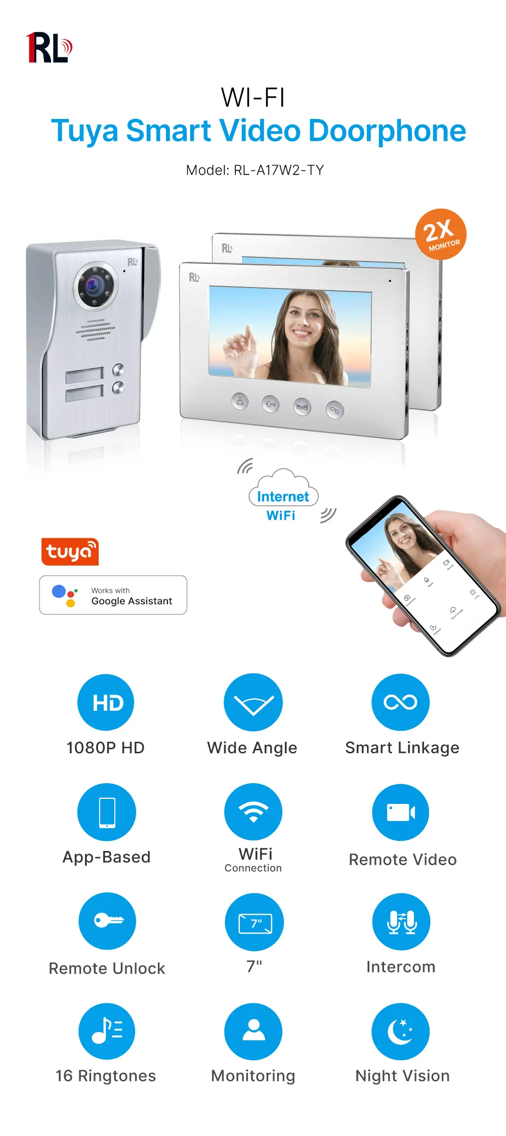 视频门铃，RL-A17W2-TY，3户家庭，4根线缆，图雅 WiFi，7英寸 AHD 显示屏，1024*600，1080P 高清摄像头，免提通话，锁释放 _ 01