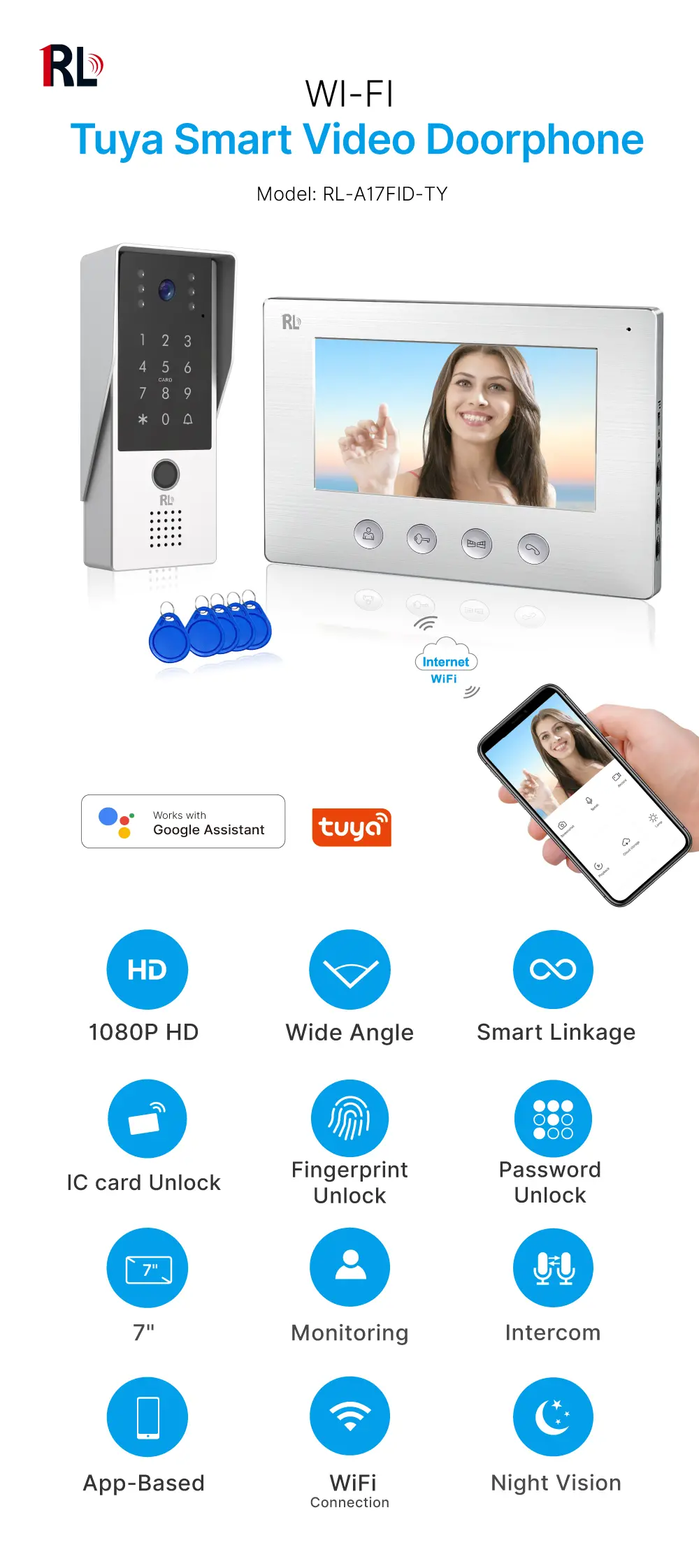 7英寸 WiFi AHD 视频门铃 # RL-A17FID-TY- 支持 Tuya App 控制，配备 200万像素高清摄像头。 - 电动锁与门锁联动。 - 支持 IC 卡/指纹/密码开锁。 _ 01
