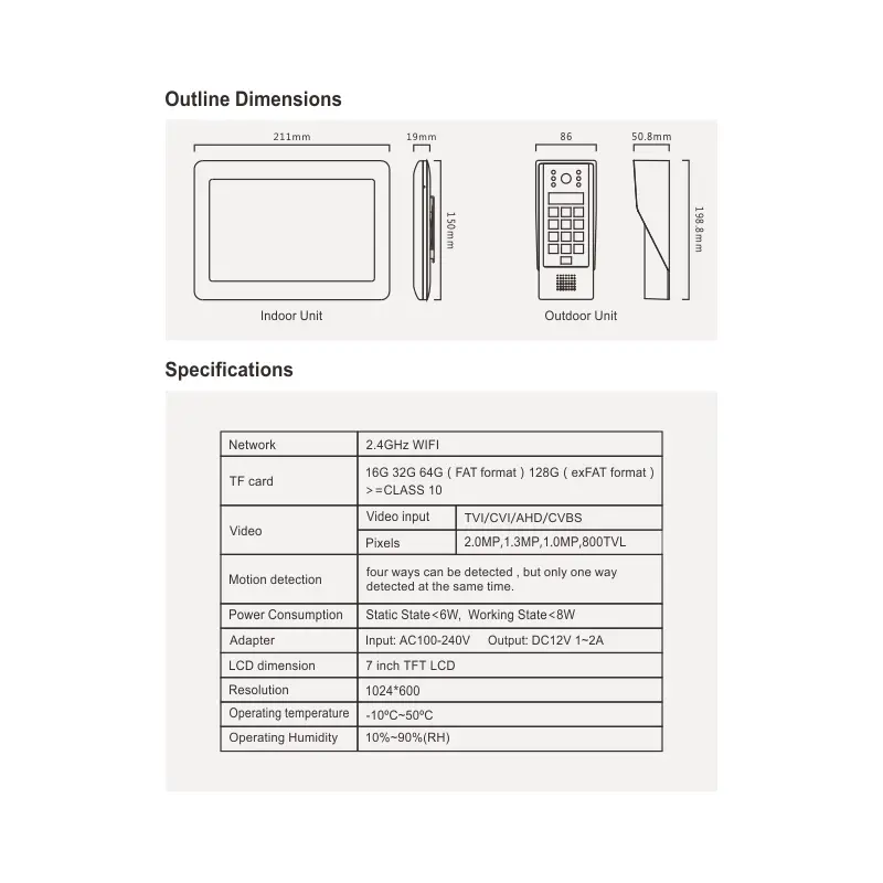 7英寸 WiFi AHD 可视对讲系统 # RL-T07AID-WIFI-与TuyaSmart APP - 最高200万像素AHD摄像头。 -标配128G TF卡-支持移动侦测。 -语音留言功能。 -室内机之间对讲。 -身份证及用户码解锁。 11