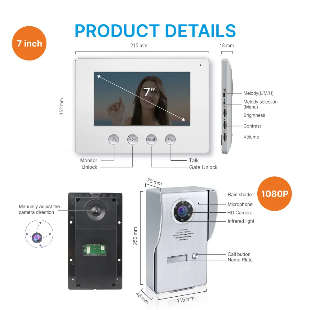 可视门铃，RL-A17W-TY, 1 家庭，4 线，Tuya WiFi，7"AHD 屏幕，1024*600，1080P 高清摄像头，免提，远程开锁_m2