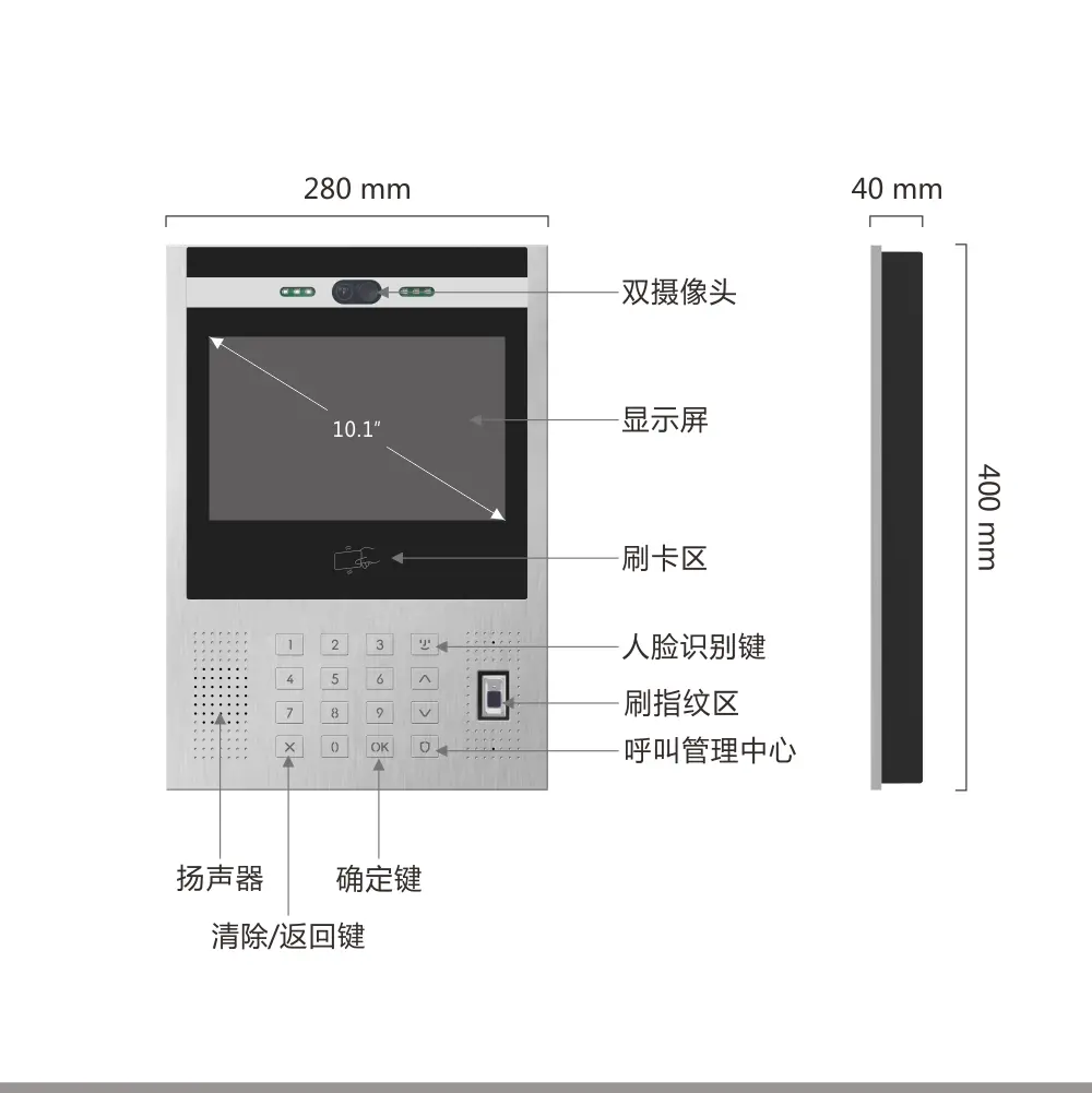 RL-619L10DK 数字可视对讲机，楼宇对讲系统，智能门口机，支持人脸识别、指纹识别、密码开锁、门禁卡开锁及扫码开锁，具备防拆报警功能，配备 LCD 屏幕 8