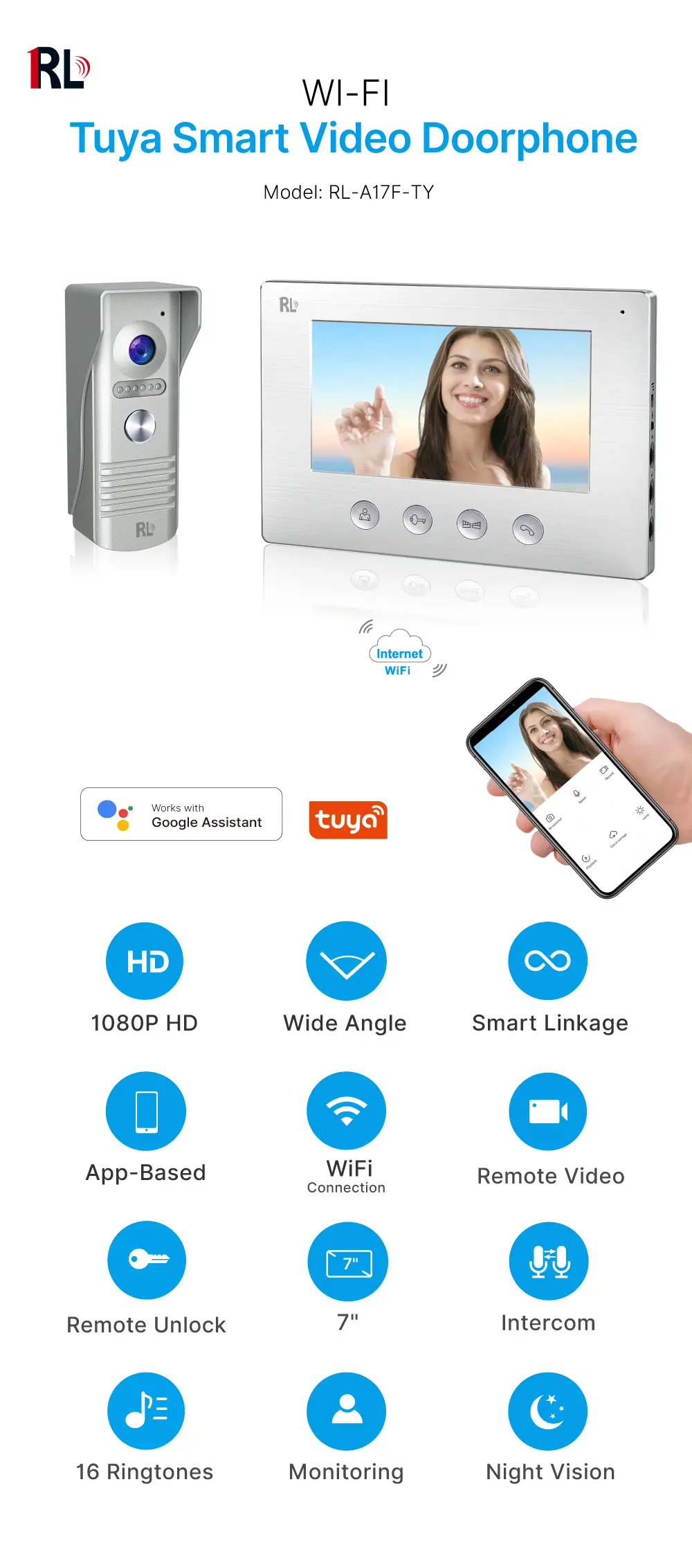 7英寸 WiFi AHD 可视门铃 # RL-A17F-TY- - 支持 Tuya App 控制，配备200万像素高清摄像头。提供16种铃声可选。支持电动锁及门锁连接。_ 01