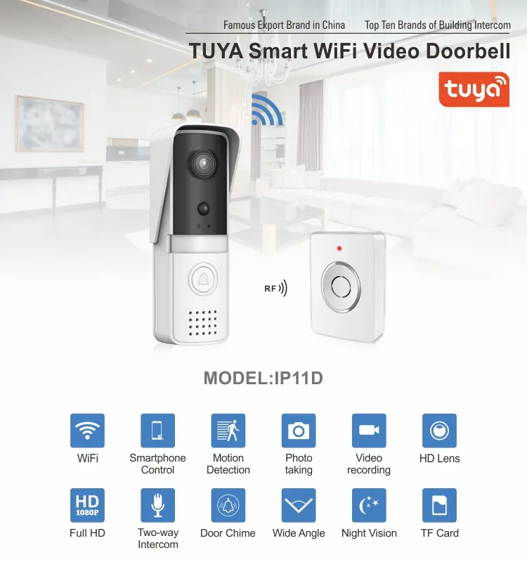 视频门铃，RL-IP11D，图雅智能，2.4GHz WiFi，电池供电，运动检测，夜视，128gb tf卡，无线铃声1