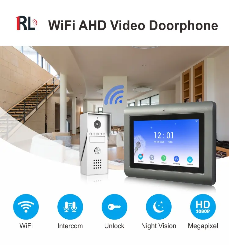 7英寸 WiFi AHD 可视门铃 # RL-T07K-WIFI-，支持 TuyaSmart 应用 - 最大。 200万像素 AHD 摄像头。 - Max. 128G TF 卡 - 最大。系统容量：6台室内机 + 2台室外机 + 2个监控摄像头（带报警功能）1台