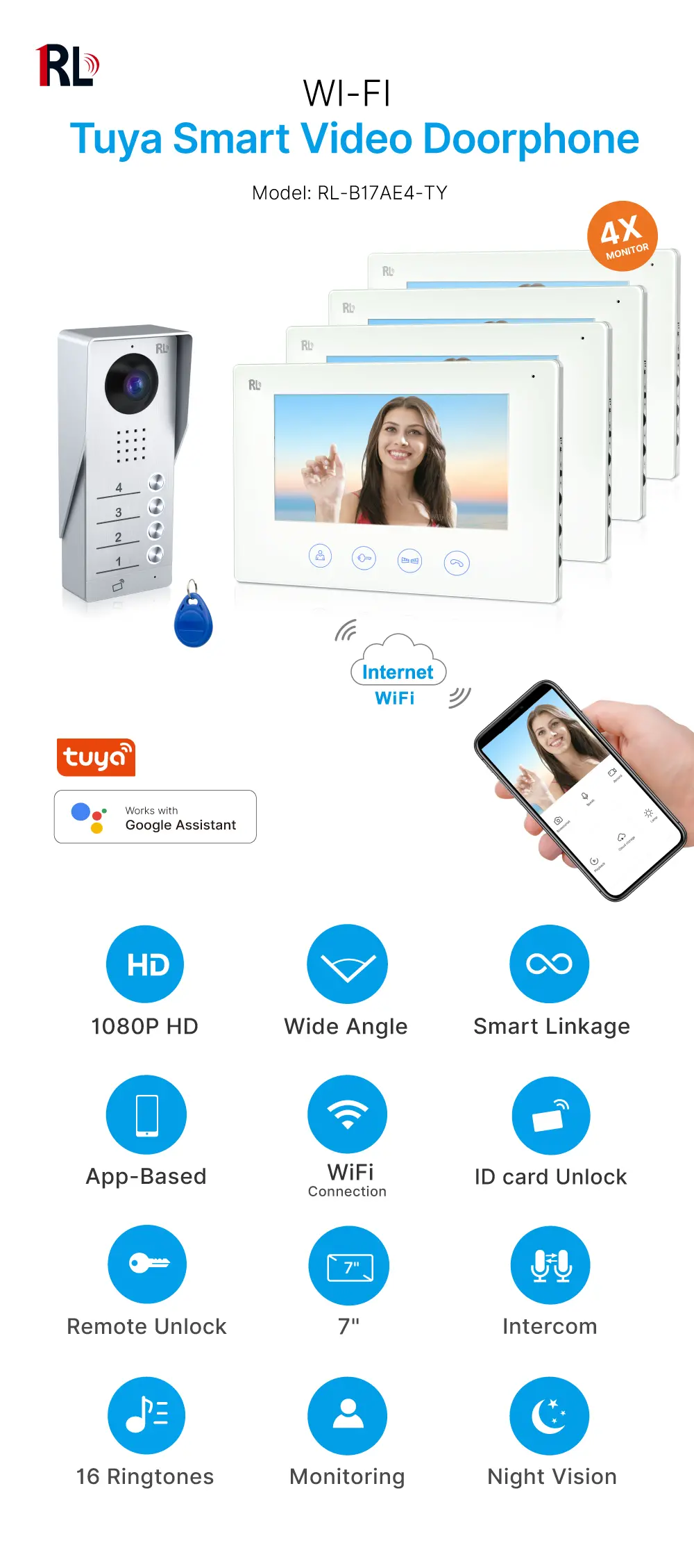 可视门铃,RL-B17AE4-TY 型,支持4户家庭,4根线缆,Tuya WiFi,7"AHD 屏,1024×600,108万像素高清摄像头,免提通话,IC 卡解锁_01