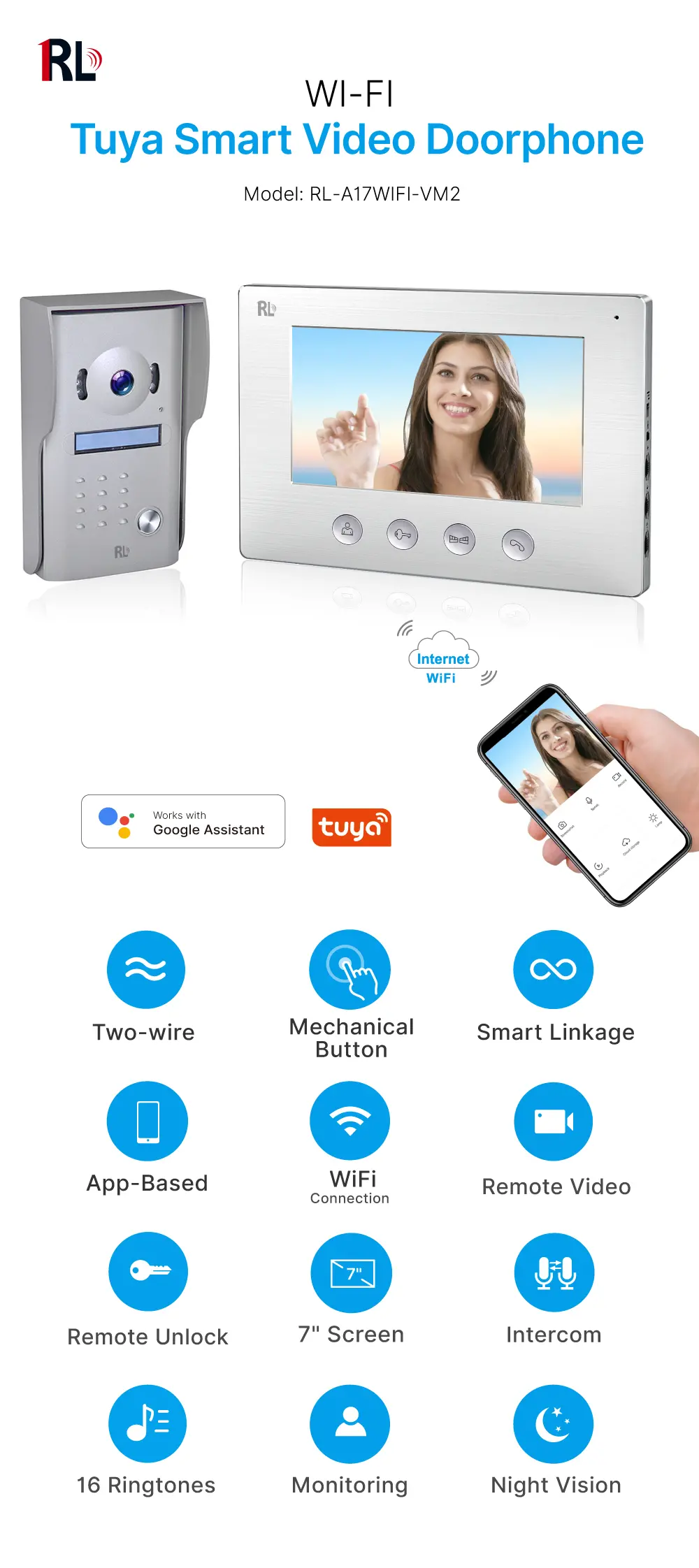 可视门铃，RL-A17WIFI-VM2, 2 芯线，Tuya WiFi，7英寸 TFT 屏，800*480，免提通话，锁控_01