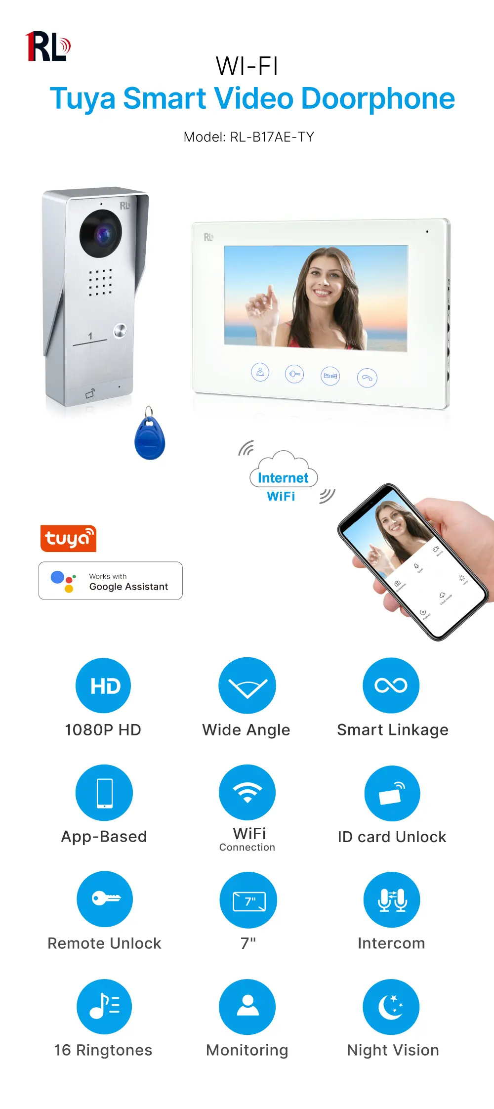 7英寸 WiFi AHD 可视门铃 #RL-B17AE-TY - 夜间摄像头自动补光。- 可远程释放电子锁和门禁锁。- 支持 Tuya Smart APP，实现远程监控、对讲和开锁。- 200 万像素 AHD 摄像头。- 提供 16 种可选铃声。_01