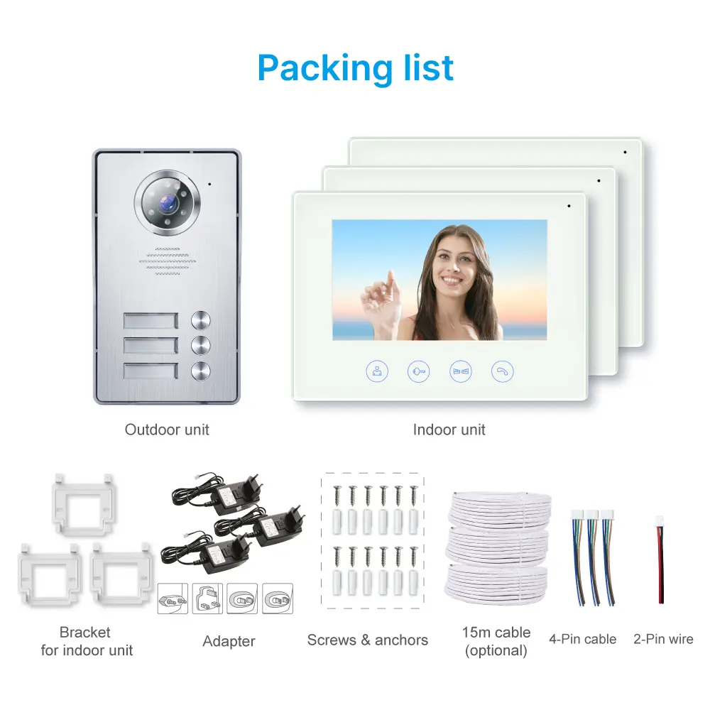 7英寸 TUYA WiFi 智能可视门铃 # RL-B17W3-TY-轻松实现4线连接。- 室内机与室外机互联，随时随地查看、聆听并与访客通话。1080P AHD 门铃。- 内置高清摄像头 - 支持夜视功能。_ 13