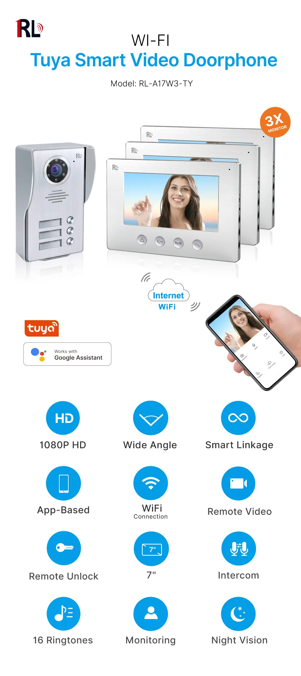 可视门铃，支持RL-A17W3-TY,3户家庭，4根线缆，Tuya WiFi，7"AHD屏幕，1024*600，108万像素高清摄像头，免提通话，远程开锁_01