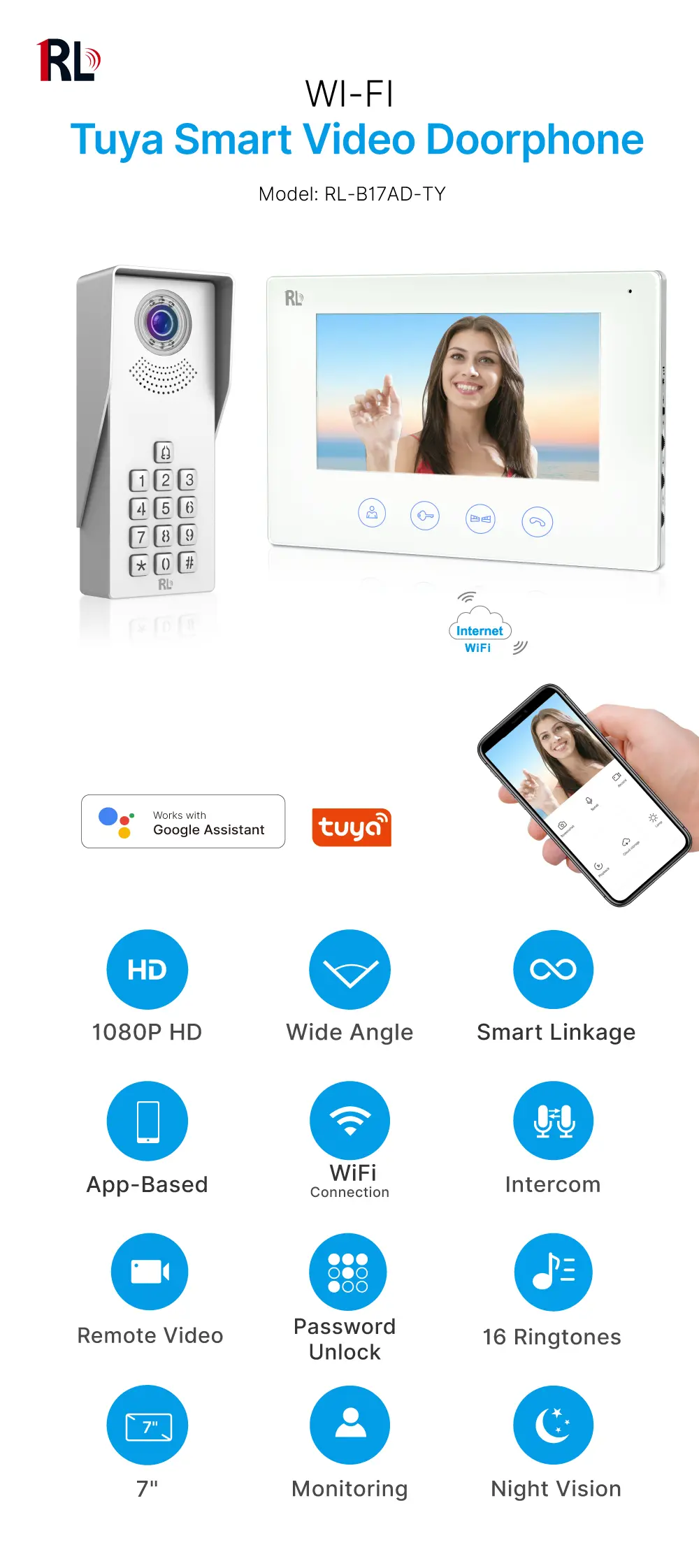 7英寸 WiFi AHD 视频门铃 # RL-B17AD-TY- 夜间摄像机光补偿。- 远程开锁。- 用户密码解锁。- 监视门外。- 使用图雅智能 App _ 01