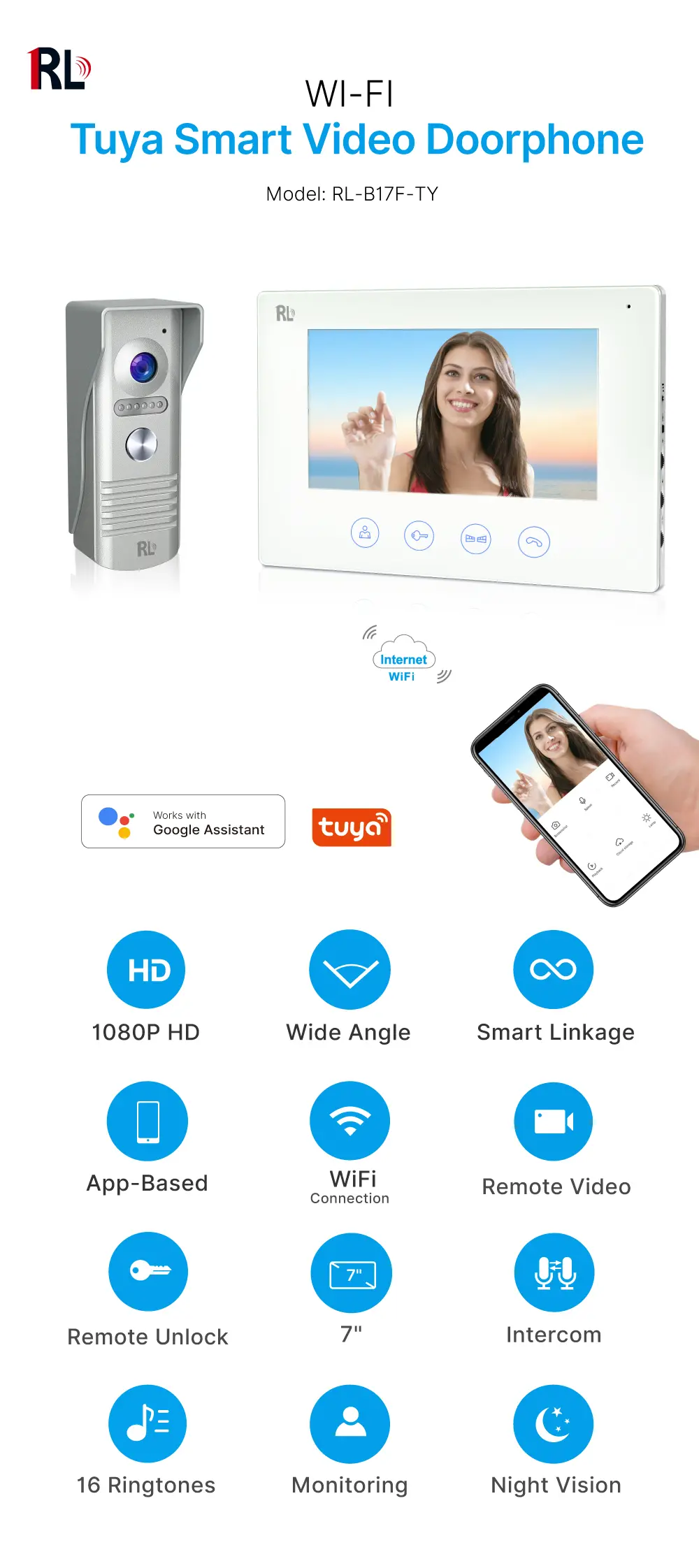 视频门铃，RL-B17F-TY，4线，图雅 WiFi，7英寸 FHD 屏幕，1024*600，1080P 高清摄像头，免提通话，门锁释放 _ 01