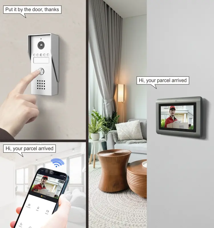 7英寸 WiFi AHD 可视门铃 # RL-T07K-WIFI-，支持 TuyaSmart 应用 - 最大。 200万像素 AHD 摄像头。 - Max. 128G TF 卡 - 最大。系统容量：6台室内机 + 2台室外机 + 2个监控摄像头（带报警功能）2台