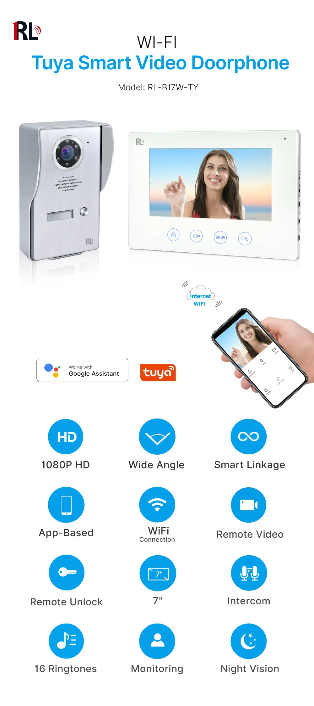 7英寸图雅WIFI智能视频门铃，简易4线连接，支持随时随地查看、收听并与访客对话。1080P AHD门铃，内置兆级高清摄像头，适用于室内外多种环境，配备夜视功能_01