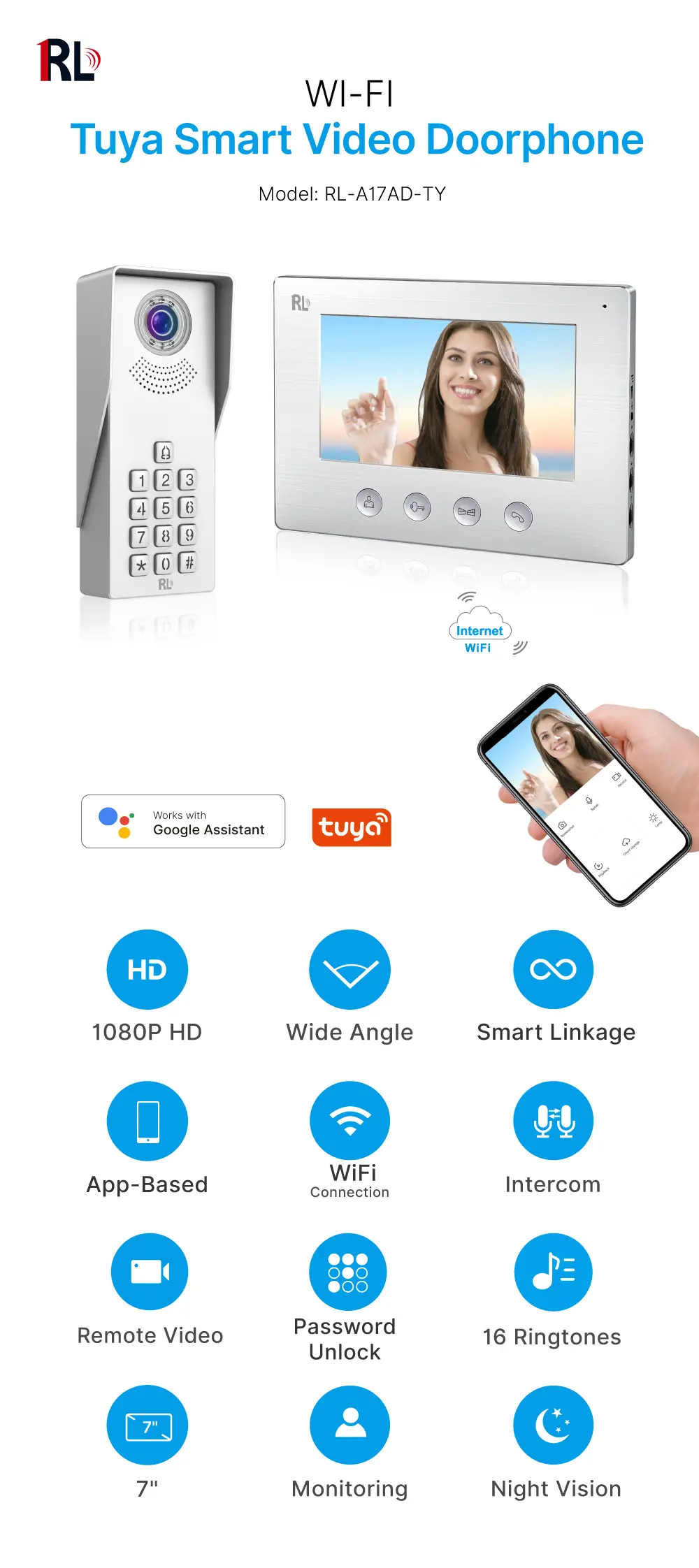 7 英寸 WiFi AHD 可视门铃 #RL-
- 按键带提示音，背光设计，夜间操作更便捷。
- 夜间摄像头自动补光。
- 支持远程释放电控锁和门禁锁。
- 支持用户密码开锁。
- 支持门外实时监控。_01