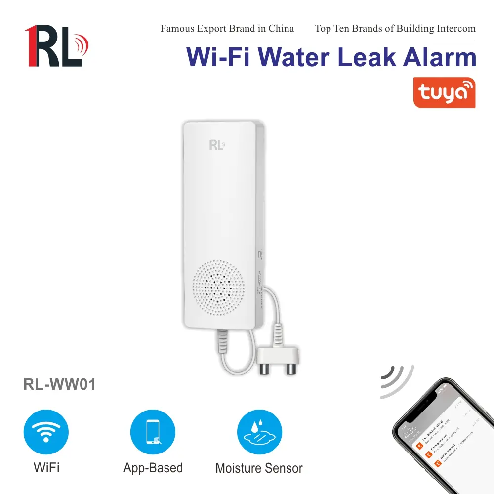 智能家居漏水报警器，型号 RL-WW01，图雅智能，支持 2.4GHz WiFi，灵敏度 5dB，无需集线器，自动化控制，推送通知 1