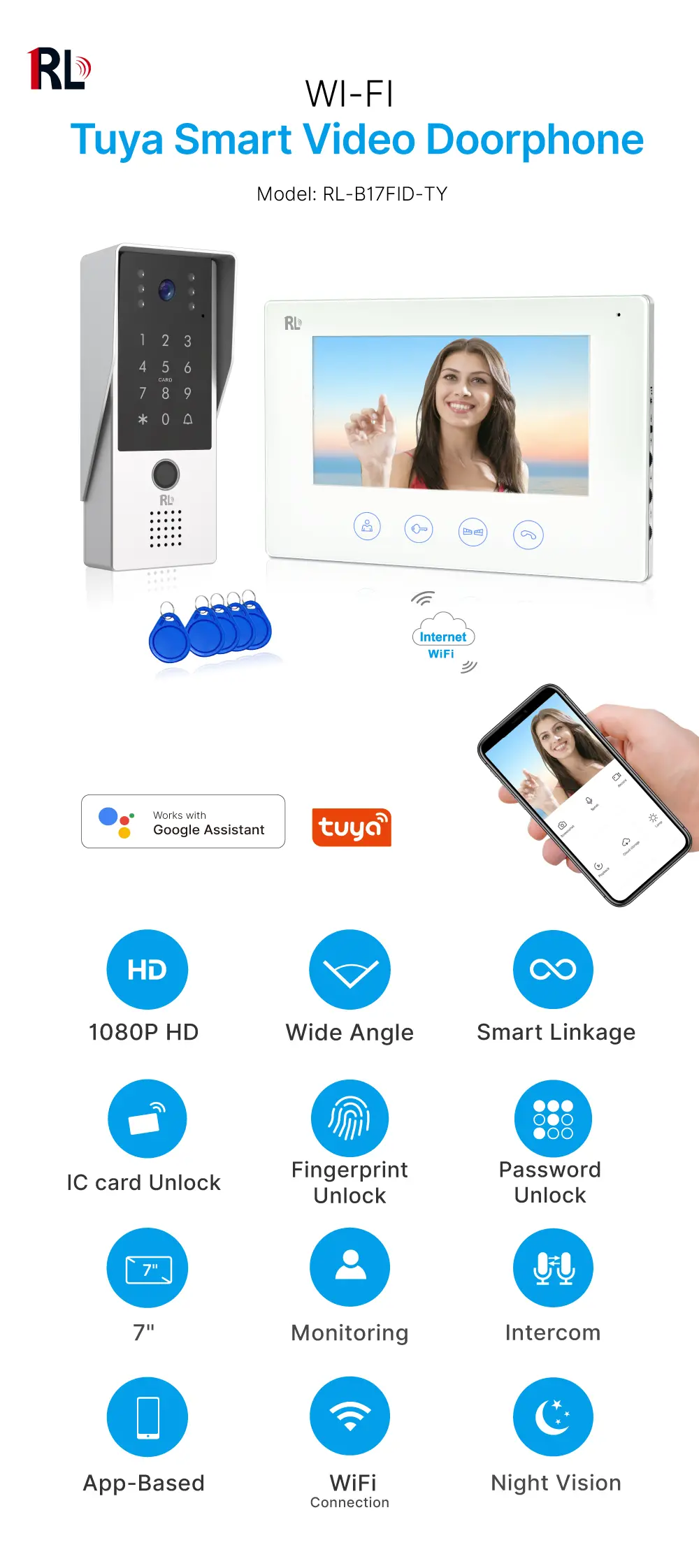 7英寸 WiFi AHD 可视门铃 # RL-B17FID-TY-，支持 Tuya App 控制——配备200万像素高清摄像头。支持 IC 卡/指纹及密码开锁。具备夜间补光功能。_ 01