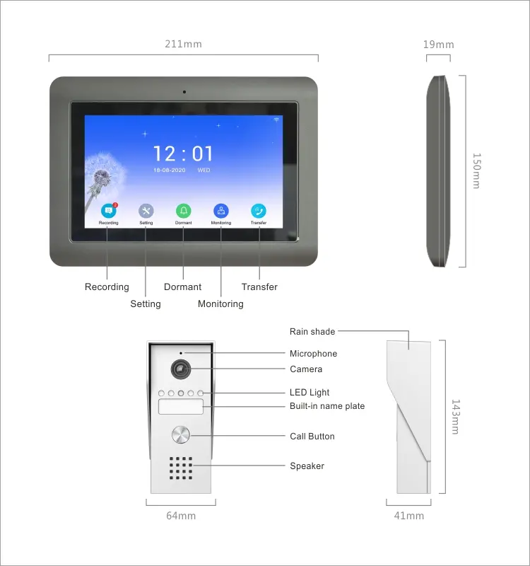 7英寸 WiFi AHD 可视门铃 # RL-T07K-WIFI-支持 TuyaSmart 应用 - 最高 200万像素 AHD 摄像头。- 麦克斯。128G TF 卡 - 最大容量。系统配置：室内机 6台 + 室外机 2台 + 监控摄像头 2台（带报警功能）10
