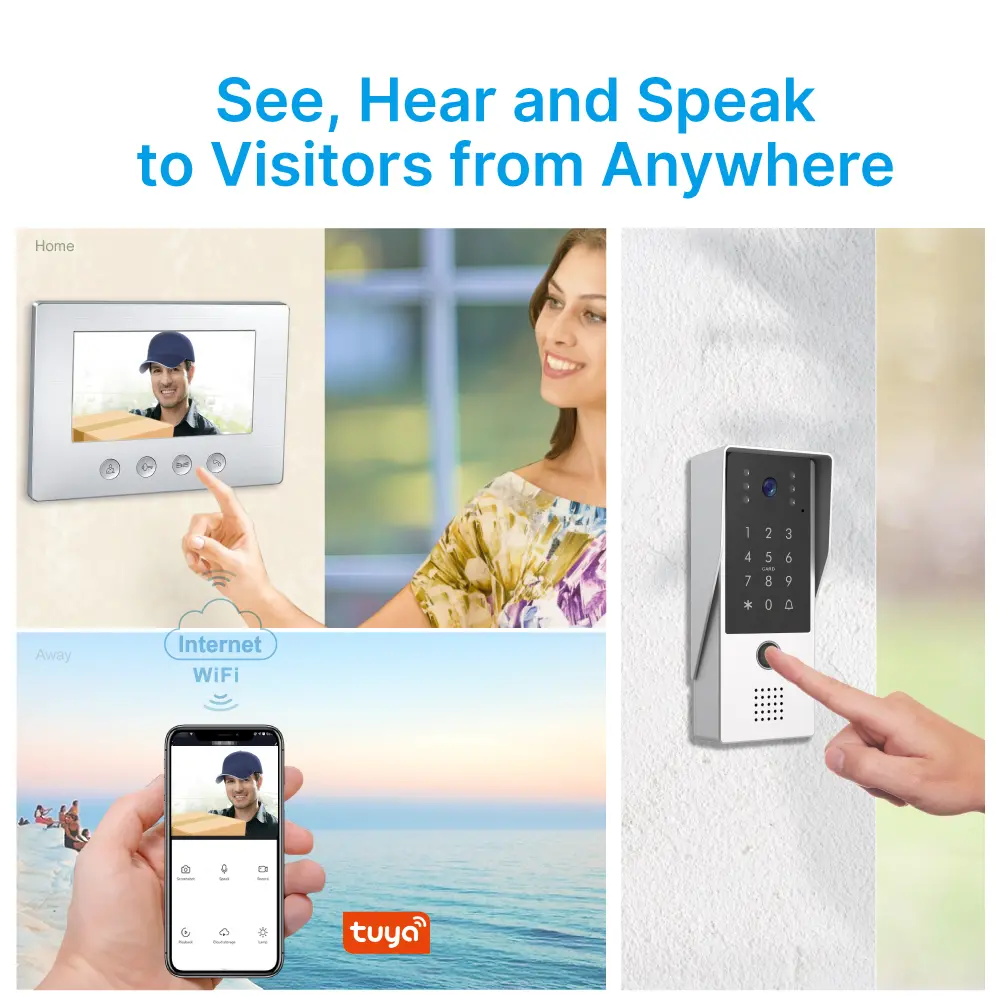 7英寸 WiFi AHD 视频门铃 # RL-A17FID-TY- 支持 Tuya App 控制，配备 200万像素高清摄像头。 - 电动锁与门锁联动。 - 支持 IC 卡/指纹/密码开锁。 _ 02