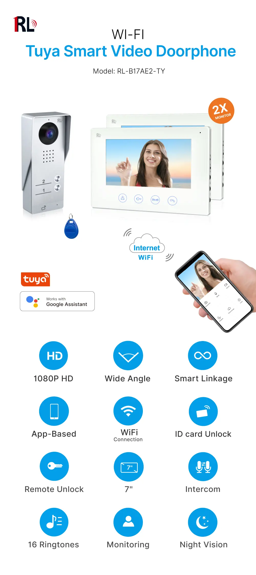 7英寸 WIFI AHD 可视门铃，支持 #RL-B17AE2-TY-，最多可接入 2 户。- 夜间红外补光 - 远程电控开锁与门禁解锁 - 搭配 Tuya Smart APP，支持远程监控、对讲及开锁 - 200 万像素 AHD 摄像头_01