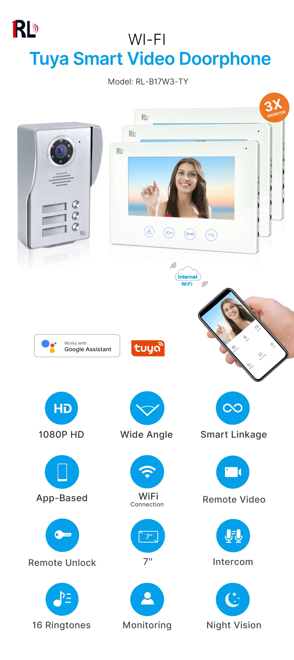 7英寸 TUYA WiFi 智能可视门铃 # RL-B17W3-TY-轻松实现4线连接。- 室内机与室外机互联，随时随地查看、聆听并与访客通话。1080P AHD 门铃。- 内置高清摄像头 - 支持夜视功能。_ 01