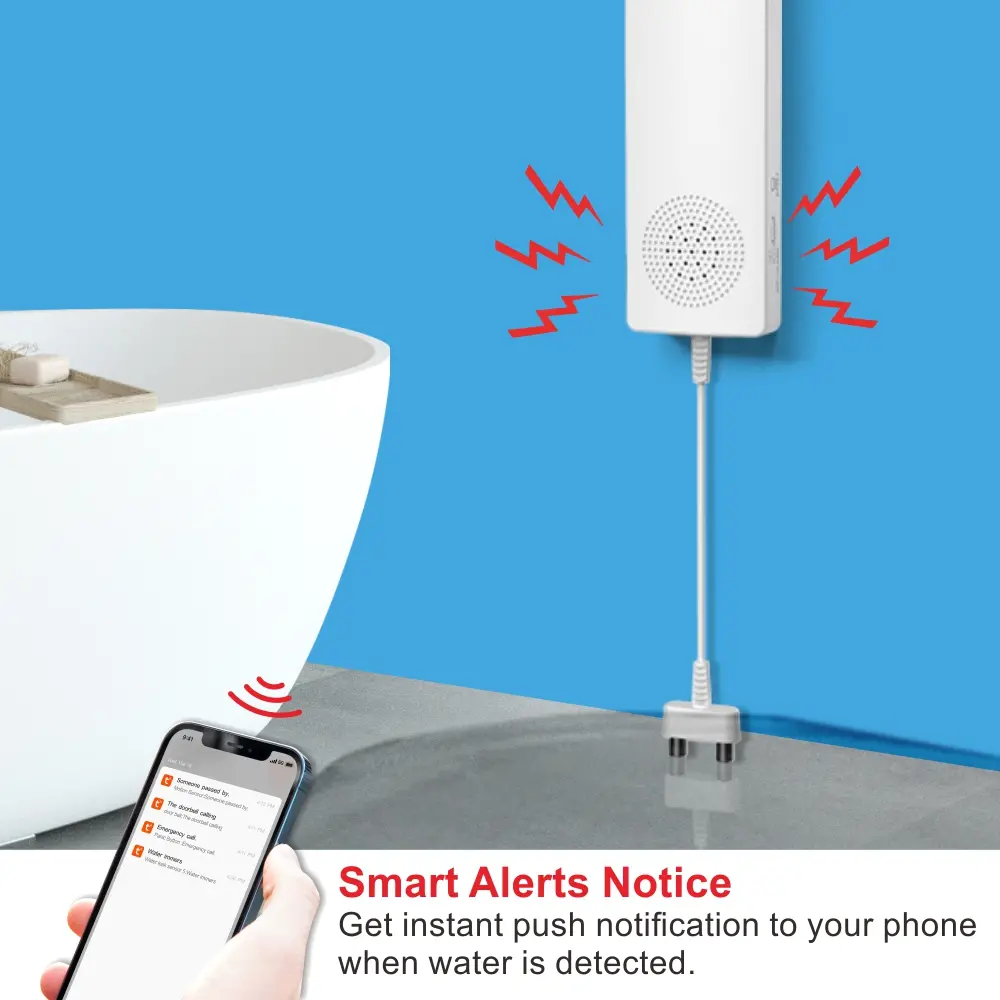 智能家居漏水报警器，型号 RL-WW01，图雅智能，支持 2.4GHz WiFi，灵敏度 5dB，无需集线器，自动化控制，推送通知 3