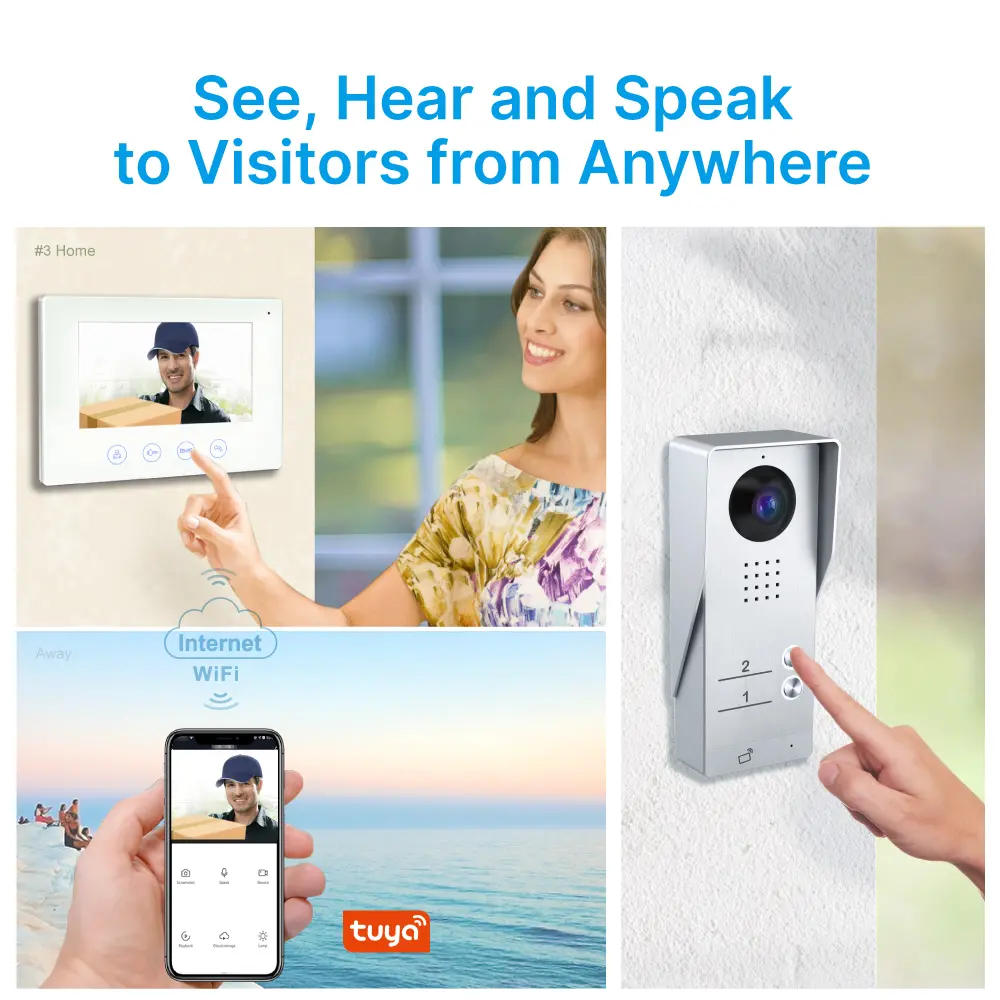 7英寸 WIFI AHD 可视门铃，支持 #RL-B17AE2-TY-，最多可接入 2 户。- 夜间红外补光 - 远程电控开锁与门禁解锁 - 搭配 Tuya Smart APP，支持远程监控、对讲及开锁 - 200 万像素 AHD 摄像头_02