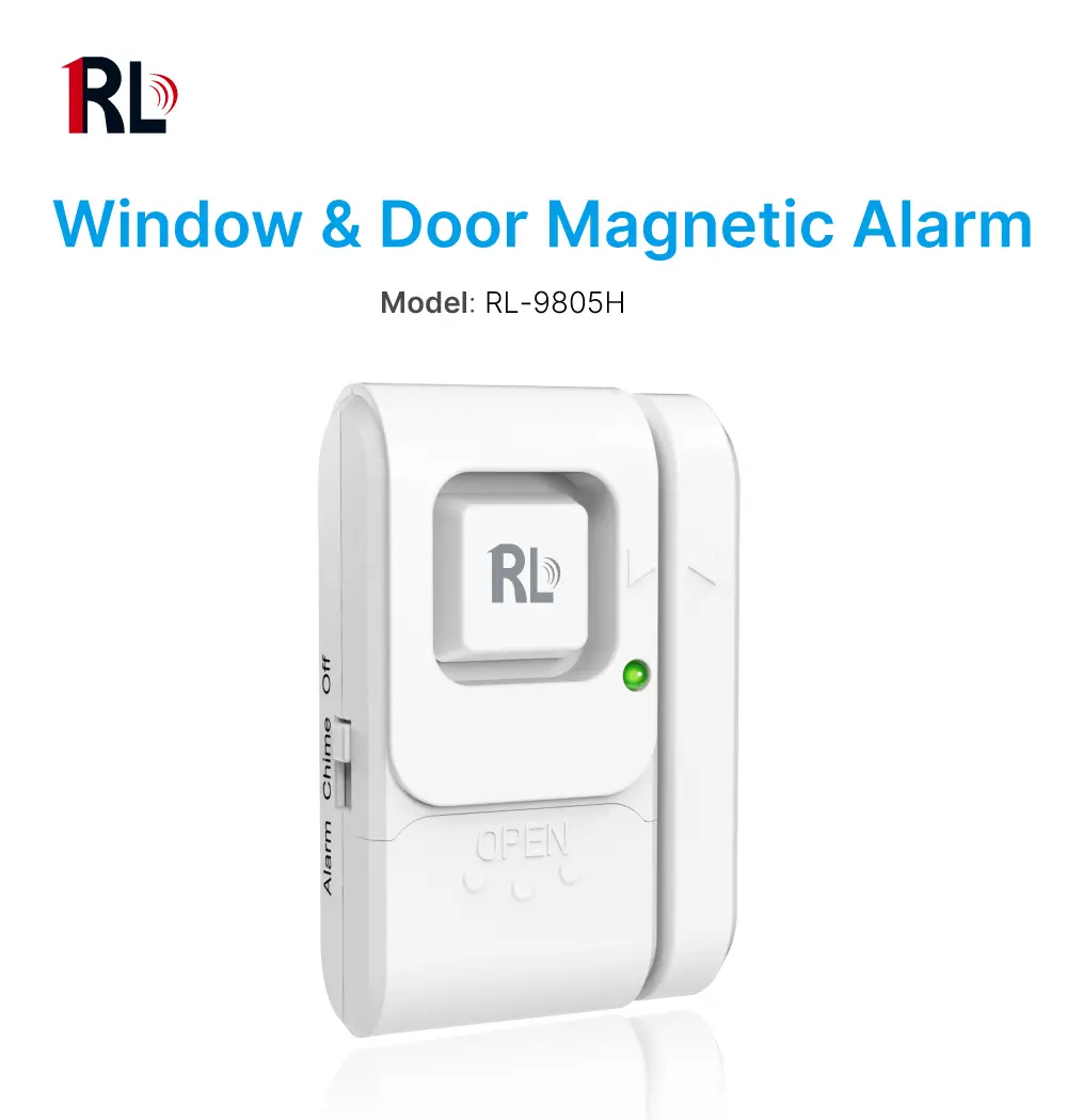 门窗磁报警器 #RL-9805H -· 105dB 警报声。-· 配备便捷式关闭/门铃/报警切换开关。-· 低电量测试按钮。_01