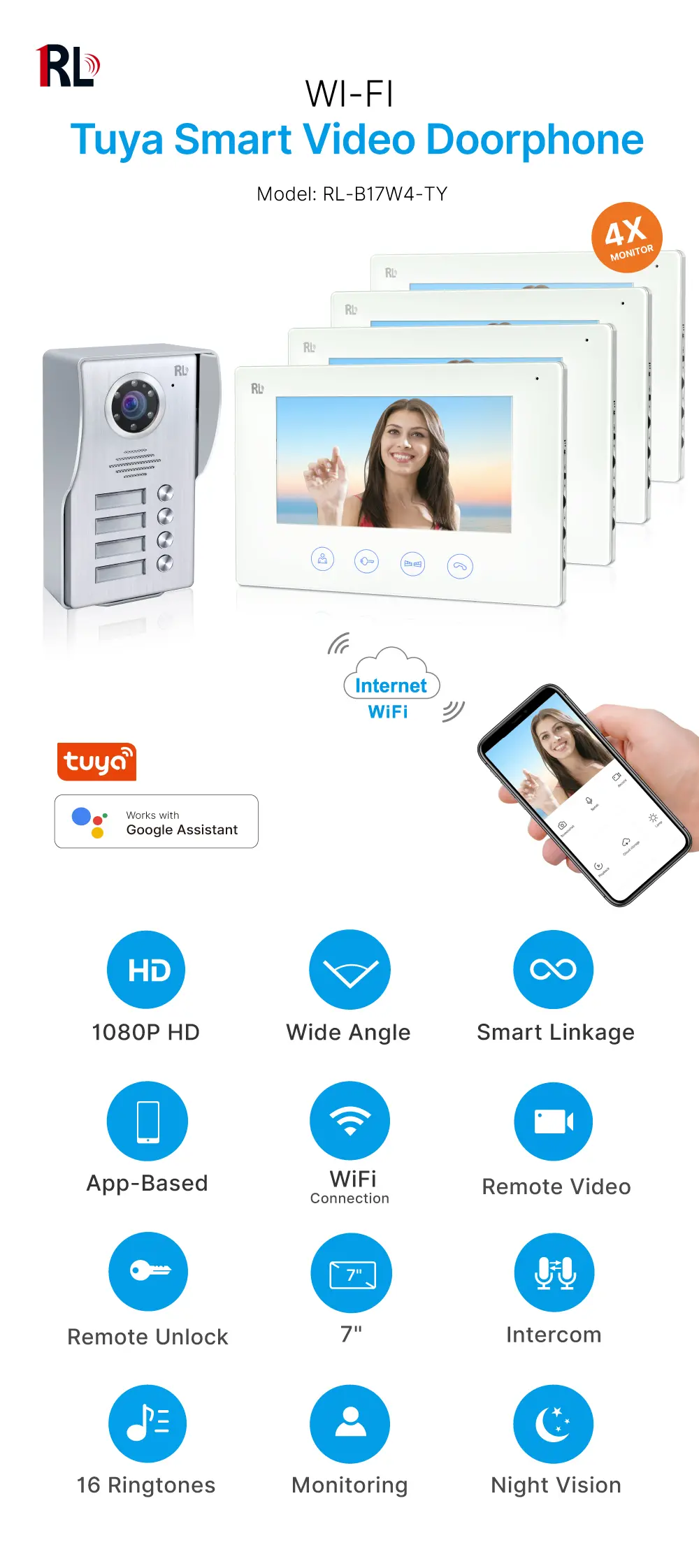 7英寸 涂鸦 WIFI 智能可视门铃 #RL-B17W4-TY - 轻松实现 4-wire 连接。- 支持多达 4 户住宅。- 室内外双向通话，随时随地查看、聆听并与访客交谈。4K AHD 门铃 - 内置百万高清摄像头 - 夜视功能 _01