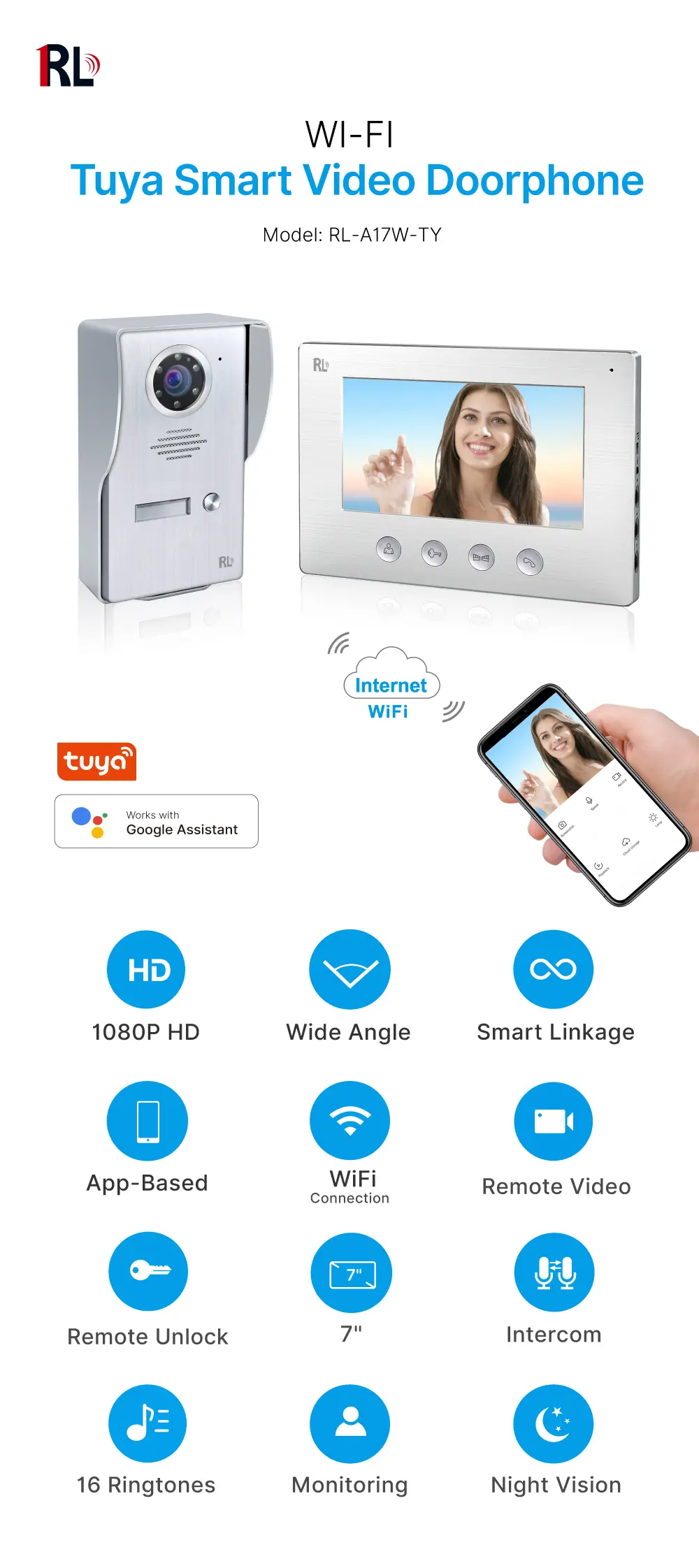 可视门铃，RL-A17W-TY, 1 户，4 线，Tuya WiFi，7"AHD 屏，1024*600，1080P 高清摄像头，免提，开锁_01