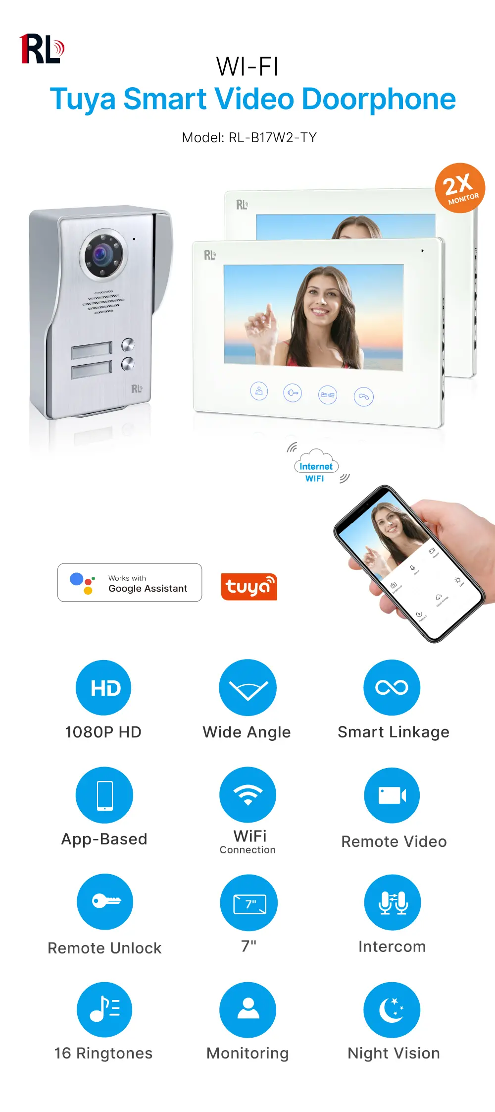 7英寸 TUYA WiFi 智能可视门铃 #RL-B17W2-TY。室内机与室外机互通，随时随地查看、聆听并与访客对话。1080P AHD 门铃。- 内置百万高清摄像头。- 适用于多种环境及户外场景。- 支持夜视功能_01