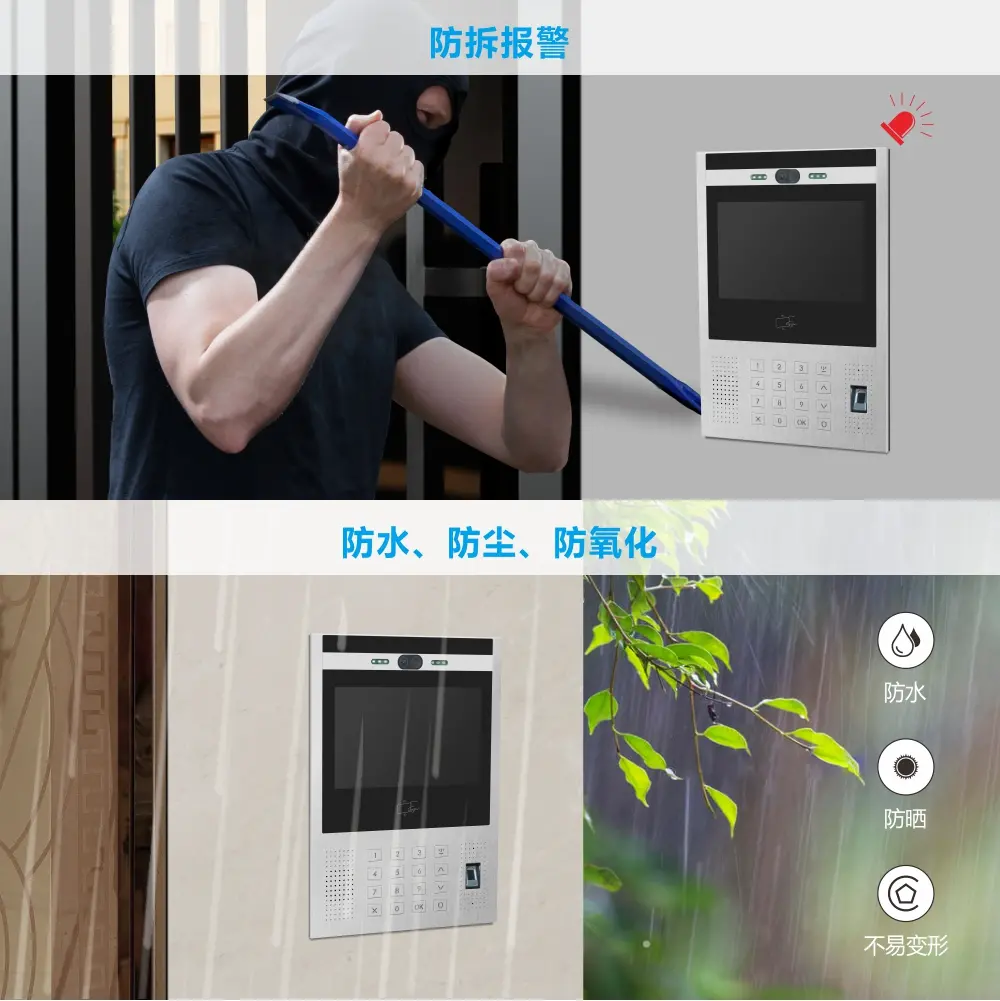 RL-619L10DK 数字可视对讲机，楼宇对讲系统，智能门口机，支持人脸识别、指纹识别、密码开锁、门禁卡开锁及扫码开锁，具备防拆报警功能，配备 LCD 屏幕 6